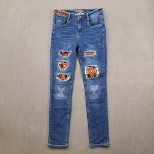 Cartise Denim Jeans Women Size 6 Embroidered Patch Distressed Slim Fit Blue